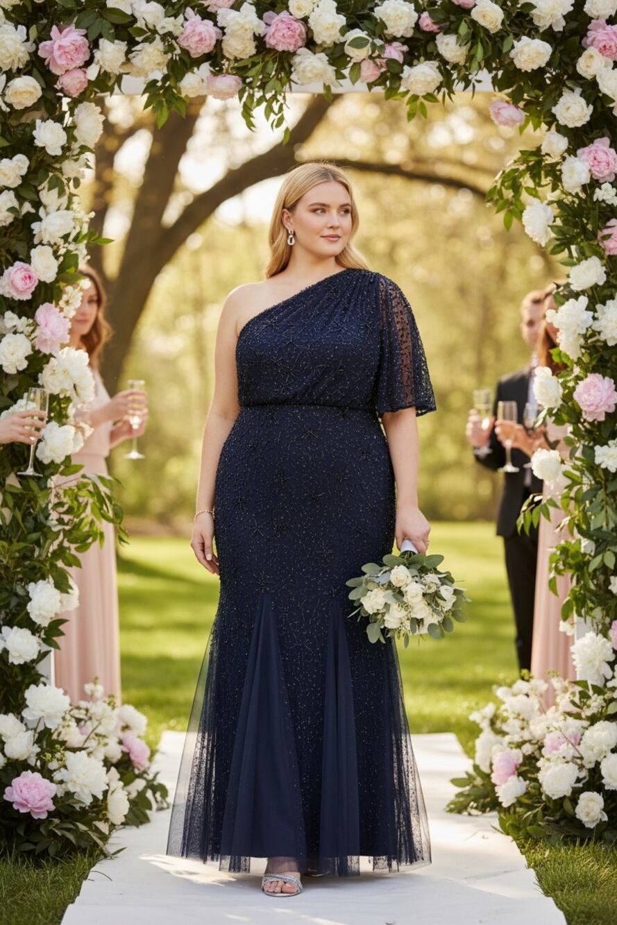 Adrianna Papell Navy Sequin Beaded Mother of the Bride Dress Formal Evening Gown